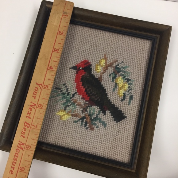 VTG 1965 Framed Needlepoint Red Bird Cardinal - Picture 4 of 5